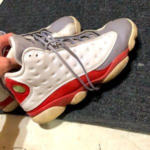 Jordan 13’s, white gray and red